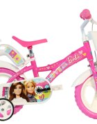 DINO BIKES Bicicleta pentru copii Barbie roz 12 inch varsta 3-4 ani cu o inaltime cuprinsa intre 87-110 cm sistem cu 1 frana pinion fix roti spuma EVA scaunel pentru papusa si cosulet fata