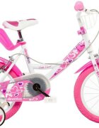 DINO BIKES Bicicleta pentru fetite 14 inch 144RN varsta 4-7 ani inaltimea recomandata 95-115 cm cu roti ajutatoare frana pe ambele roti aparatoare lant