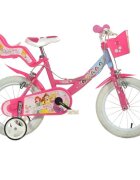DINO BIKES Bicicleta pentru fetite Disney Princess 14 inch varsta 4-7 ani si inaltimea de 94-128 cm frana de mana pe ambele roti roti ajutatoare cosulet si scaunel pentru papusa