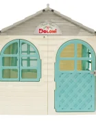Doloni Casuta de joaca pentru copii TurquoiseWhite medium cu usa ferestre largi cu perdele din material textil arcade elegante dimensiune 137.5 x 130 x 119.5 cm