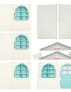 Doloni Casuta de joaca pentru copii TurquoiseWhite small cu usa ferestre largi cu perdele din material textil arcade elegante dimensiune 128.5 x 78 x 119.5 cm