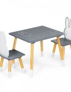 Ecotoys Set de masa cu alfabet si doua scaune in forma de iepuras pentru copii gri si natur