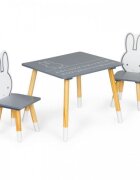 Ecotoys Set de masa cu alfabet si doua scaune in forma de iepuras pentru copii gri si natur