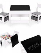 Ecotoys Set masa cu doua scaune pentru copii Alb-Gri cu spatiu pentru depozitare si tabla