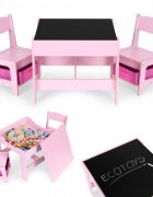 Ecotoys Set masa cu doua scaune pentru copii Roz cu spatiu pentru depozitare si tabla