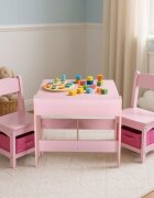 Ecotoys Set masa cu doua scaune pentru copii Roz cu spatiu pentru depozitare si tabla