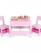 Ecotoys Set masa cu doua scaune pentru copii Roz cu spatiu pentru depozitare si tabla