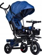 Ecotoys Tricicleta pentru copii Jm-068-17 Albastra cu sezut rotativ spatar reglabil in 4 pozitii roti din cauciuc frana si greutate maxim admisa 25 kg