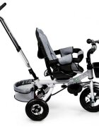 Ecotoys Tricicleta pentru copii Jm-068-17 Gri cu sezut rotativ spatar reglabil in 4 pozitii roti din cauciuc frana si greutate maxim admisa 25 kg