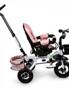 Ecotoys Tricicleta pentru copii Jm-068-17 Roz Pudra cu sezut rotativ spatar reglabil in 4 pozitii roti din cauciuc frana si greutate maxim admisa 25 kg