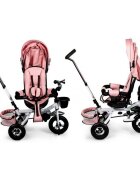 Ecotoys Tricicleta pentru copii Jm-068-17 Roz Pudra cu sezut rotativ spatar reglabil in 4 pozitii roti din cauciuc frana si greutate maxim admisa 25 kg