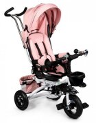 Ecotoys Tricicleta pentru copii Jm-068-17 Roz Pudra cu sezut rotativ spatar reglabil in 4 pozitii roti din cauciuc frana si greutate maxim admisa 25 kg