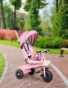 Ecotoys Tricicleta pentru copii WQL-066-18 Roz 2 in 1 scaun rotativ 360 roti din spuma EVA suport picioare control al directiei suport pahar far cosulet