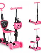 Ecotoys Trotineta 5 in 1 cu maner parental reglabil scaun reglabil 3 roti cu LED greutate suportata 20 kg varsta 3 ani+ roz