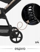 Espiro Carucior pentru copii Pearl Champagne 0-22 kg pliabil cu suspensii maner reglabil spatar reglabil suport pentru pahar si husa pentru picioare