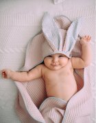 Floo for Baby Prosop de baie din bumbac cu capison si urechiuse Waffle Iepuras Roz