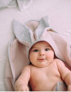 Floo for Baby Prosop de baie din bumbac cu capison si urechiuse Waffle Iepuras Roz