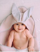 Floo for Baby Prosop de baie din bumbac cu capison si urechiuse Waffle Iepuras Roz
