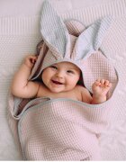 Floo for Baby Prosop de baie din bumbac cu capison si urechiuse Waffle Iepuras Roz
