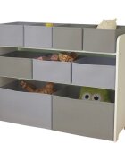 Ginger Home Organizator copii din lemn AlbGri pentru jucarii cu 2 cutii mari 3 medii si 4 mici textile detasabilecolturi si margini rotunjite dimensiuni 825x293x60 cm