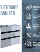 Ginger Home Organizator copii din lemn AlbGri pentru jucarii cu 2 cutii mari 3 medii si 4 mici textile detasabilecolturi si margini rotunjite dimensiuni 825x293x60 cm
