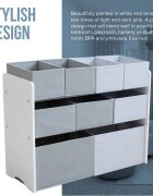 Ginger Home Organizator copii din lemn AlbGri pentru jucarii cu 2 cutii mari 3 medii si 4 mici textile detasabilecolturi si margini rotunjite dimensiuni 825x293x60 cm
