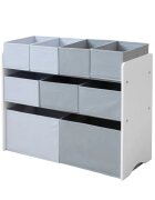 Ginger Home Organizator copii din lemn AlbGri pentru jucarii cu 2 cutii mari 3 medii si 4 mici textile detasabilecolturi si margini rotunjite dimensiuni 825x293x60 cm