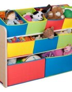 Ginger Home Organizator copii din lemn Color pentru jucarii cu 2 cutii mari 3 medii si 4 mici textile detasabilecolturi si margini rotunjite dimensiuni 825x293x60 cm