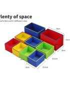 Ginger Home Organizator copii din lemn Color pentru jucarii cu 2 cutii mari 3 medii si 4 mici textile detasabilecolturi si margini rotunjite dimensiuni 825x293x60 cm