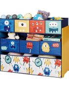 Ginger Home Organizator din lemn pentru copii Monster pentru jucarii cu 9 cutii textile detasabilecolturi si margini rotunjitedimensiune 92x30x60 cm