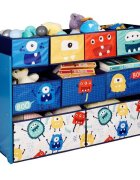 Ginger Home Organizator din lemn pentru copii Monster pentru jucarii cu 9 cutii textile detasabilecolturi si margini rotunjitedimensiune 92x30x60 cm