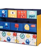 Ginger Home Organizator din lemn pentru copii Monster pentru jucarii cu 9 cutii textile detasabilecolturi si margini rotunjitedimensiune 92x30x60 cm