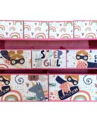 Ginger Home Organizator din lemn pentru copii Super Girl pentru jucarii cu 9 cutii textile detasabilecolturi si margini rotunjitedimensiune 92x30x60 cm