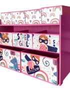 Ginger Home Organizator din lemn pentru copii Super Girl pentru jucarii cu 9 cutii textile detasabilecolturi si margini rotunjitedimensiune 92x30x60 cm