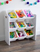 Ginger Home Organizator din lemn pentru jucarii cu 9 cutii din plastic Alb