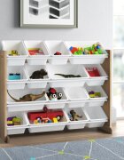 Ginger Home Organizator din lemn Wood Alb pentru jucarii si carticu 16 cutii de depozitare din plastic interschimbabile de diferite dimensiuniutilizare camera copiigradiniteafterschool