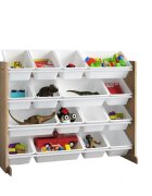 Ginger Home Organizator din lemn Wood Alb pentru jucarii si carticu 16 cutii de depozitare din plastic interschimbabile de diferite dimensiuniutilizare camera copiigradiniteafterschool