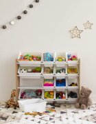 Ginger Home Organizator din lemn Wood Alb pentru jucarii si carticu 16 cutii de depozitare din plastic interschimbabile de diferite dimensiuniutilizare camera copiigradiniteafterschool