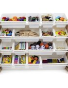 Ginger Home Organizator din lemn Wood Alb pentru jucarii si carticu 16 cutii de depozitare din plastic interschimbabile de diferite dimensiuniutilizare camera copiigradiniteafterschool