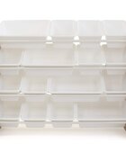 Ginger Home Organizator din lemn Wood Alb pentru jucarii si carticu 16 cutii de depozitare din plastic interschimbabile de diferite dimensiuniutilizare camera copiigradiniteafterschool
