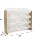 Ginger Home Organizator din lemn Wood Alb pentru jucarii si carticu 16 cutii de depozitare din plastic interschimbabile de diferite dimensiuniutilizare camera copiigradiniteafterschool