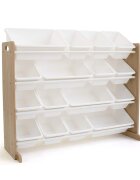 Ginger Home Organizator din lemn Wood Alb pentru jucarii si carticu 16 cutii de depozitare din plastic interschimbabile de diferite dimensiuniutilizare camera copiigradiniteafterschool