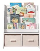 Ginger Home Organizator pentru copii 2in1 Montessori Alb cu raft pentru carti si jucarii2 cutii depozitare dimensiune 70x30x85 cm