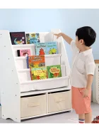 Ginger Home Organizator pentru copii 2in1 Montessori Alb cu raft pentru carti si jucarii2 cutii depozitare dimensiune 70x30x85 cm