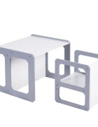 Ginger Home Set masuta cu scaunel tip Montessori bancuta 3in1 AlbGri transformabil material MDFmargini rotunjitesuprafata neteda usor de curatat