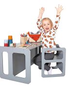 Ginger Home Set masuta cu scaunel tip Montessori bancuta 3in1 AlbGri transformabil material MDFmargini rotunjitesuprafata neteda usor de curatat