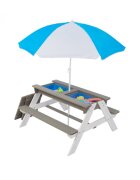 Ginger Home Set masuta de gradina si bancute pentru copii GriAlb 3in1 din lemn Umbrela cu protectie UV si inaltime ajustabila Masuta cu spatiu de depozitare