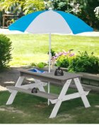 Ginger Home Set masuta de gradina si bancute pentru copii GriAlb 3in1 din lemn Umbrela cu protectie UV si inaltime ajustabila Masuta cu spatiu de depozitare