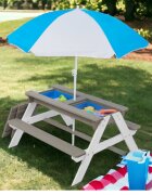 Ginger Home Set masuta de gradina si bancute pentru copii GriAlb 3in1 din lemn Umbrela cu protectie UV si inaltime ajustabila Masuta cu spatiu de depozitare