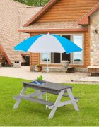 Ginger Home Set masuta de gradina si bancute pentru copii GriAlb 3in1 din lemn Umbrela cu protectie UV si inaltime ajustabila Masuta cu spatiu de depozitare